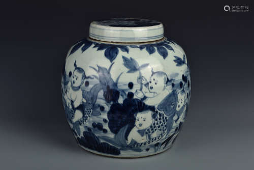 A BLUE AND WHITE KIDS JAR AND COVER QING DYNASTY