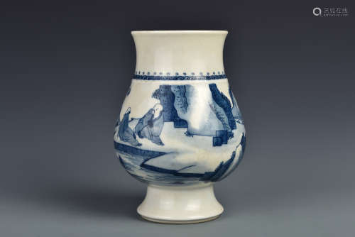 A BLUE AND WHITE FIGURES IN LANDSCAPE VASE QING DYNASTY
