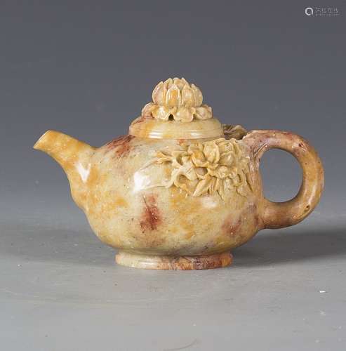 A CHINESE SHOUSHAN SOAPSTONE TEAPOT