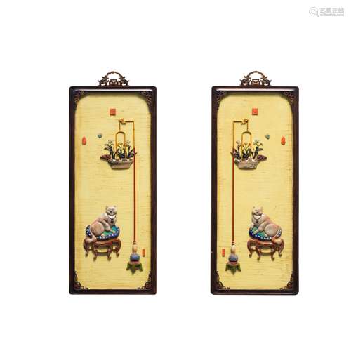 A PAIR OF CHINESE STONE INLAID LACQUER HANGING PANELS, QING