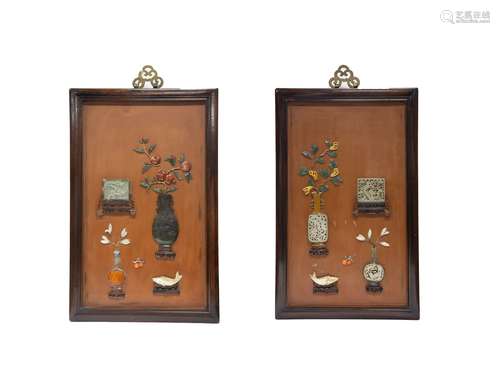 A PAIR OF SHOUSHAN INLAID ZITAN WALL PANELS