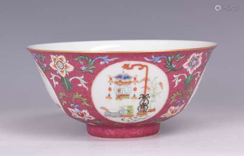 A COPPER-RED GROUND FAMILLE ROSE BOWL, QING DYNASTY, DAOGUANG PERIOD