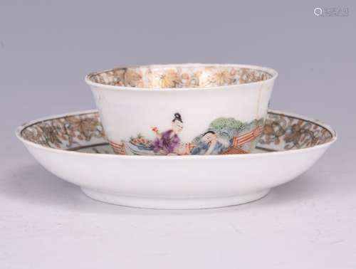 A SET OF FAMILLE ROSE 'FIGURAL' CUP AND DISH,