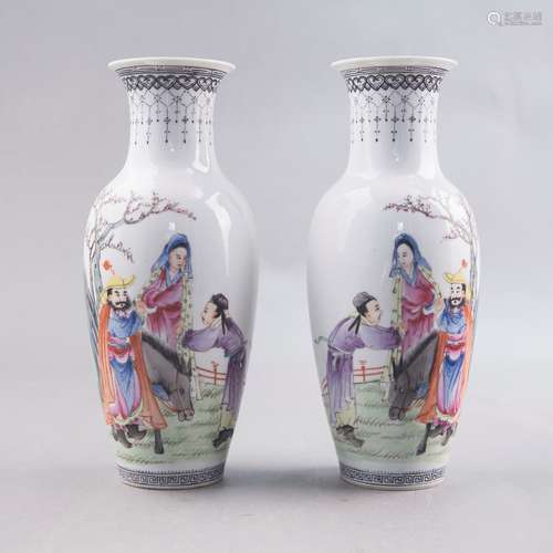 A PAIR OF FAMILLE ROSE 'FIGURAL' VASES