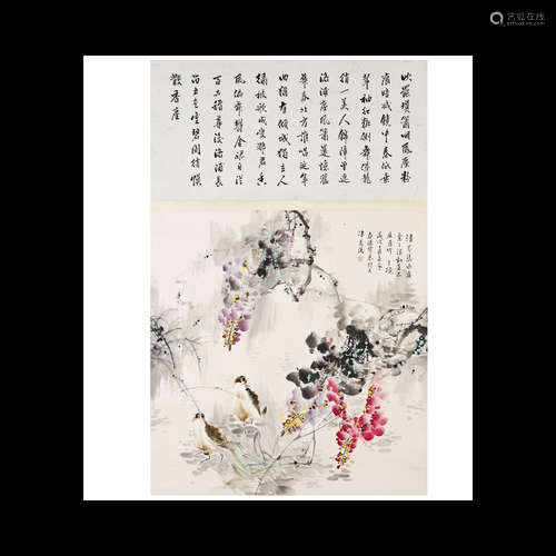 A CHINESE SCROLL PAINTING OF FLOWER AND BIRDS