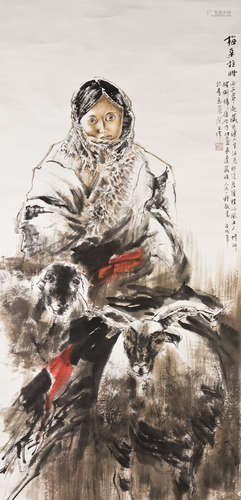 A CHINESE SCROLL PAINTING OF FIGURE BY WANG WEI