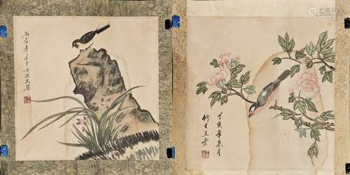 TWO PIECES OF FLORAL AND BIRD MOTIF SQUARE PAINTING