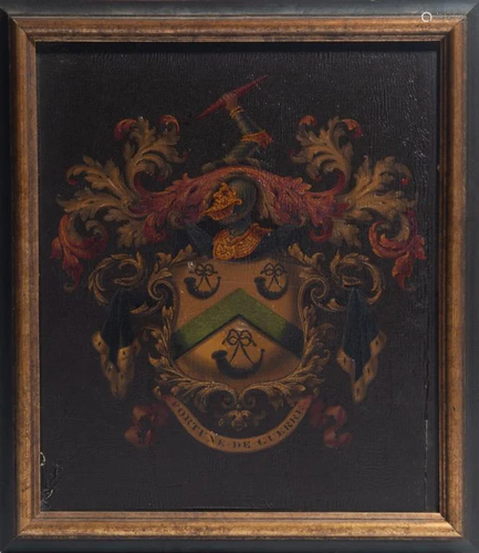 FRAMED HERALDIC PAINTED PLAQUE ON BOARD