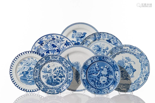 EIGHT ASSORTED BLUE & WHITE TRANSFERWARE DISHES