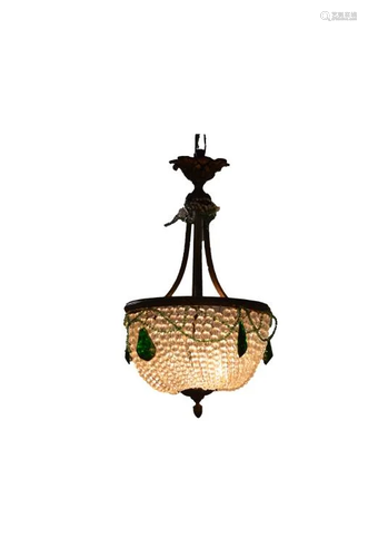 SMALL BEADED GLASS & BRONZE HANGING FIXTURE