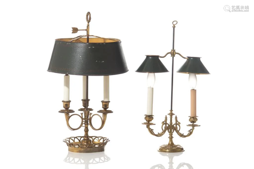 TWO BRASS BOUILLOTTE LAMPS WITH TOLE SHADES