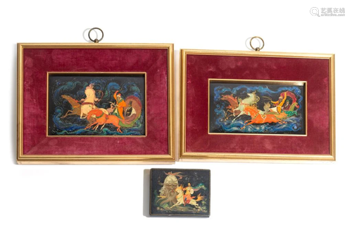 RUSSIAN HAND PAINTED PALEKH LACQUER PLAQUES & BOX