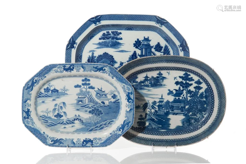 THREE BLUE & WHITE TRANSFERWARE SERVING PLATTERS