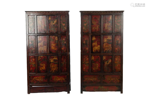 PAIR OF ANTIQUE TIBETAN LACQUER PAINTED CABINETS