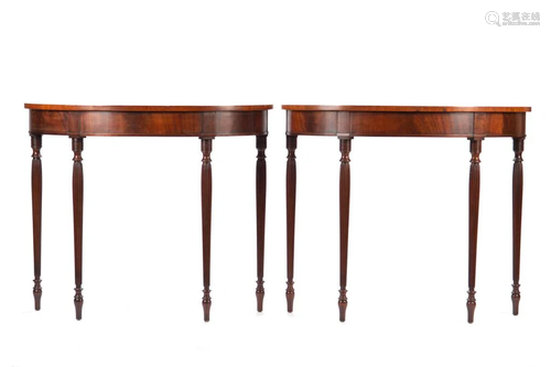 PAIR OF DEMI LUNE FLAME MAHOGANY CONSOLE TABLES