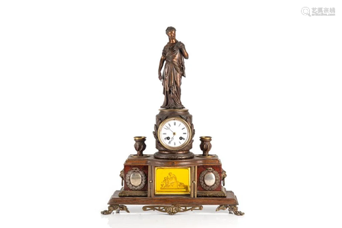 PATINATED METAL AND WOOD MASONIC MANTLE CLOCK