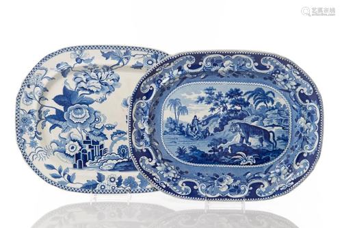 TWO BLUE AND WHITE TRANSFERWARE SERVING PLATTERS