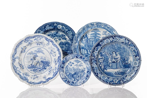 FIVE ASSORTED BLUE & WHITE TRANSFERWARE DISHES