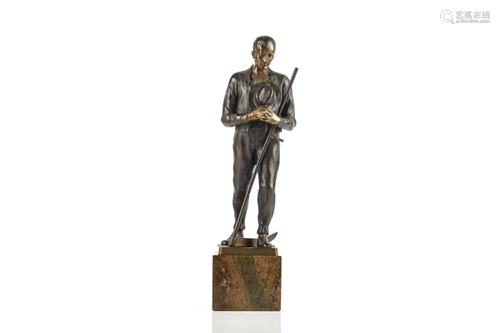 BRONZE SCULPTURE OF A MAN WITH HAT AND SCYTHE