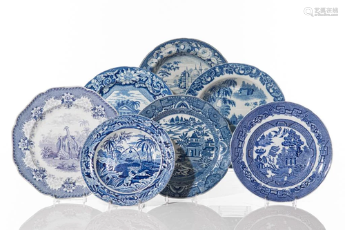 SEVEN ASSORTED BLUE & WHITE TRANSFERWARE DISHES