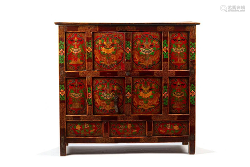 ANTIQUE TIBETAN FOUR DOOR LACQUER CABINET