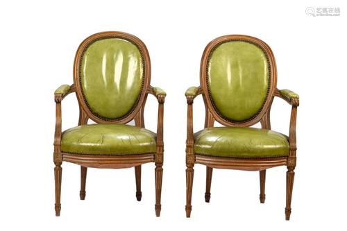 PAIR OF GREEN LEATHER FAUTEIL CHAIRS