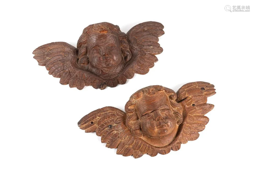 PAIR OF CARVED WOOD CHERUB WALL MOUNTS