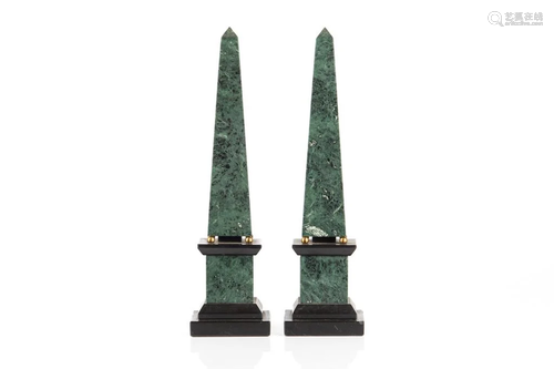 PAIR OF GREEN GRANITE OBELISKS