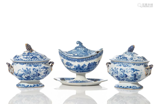 THREE BLUE & WHITE TRANSFERWARE SAUCE TUREENS