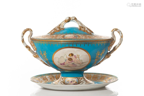 LARGE SEVRES STYLE LIDDED TUREEN ON STAND