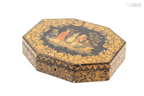 ANTIQUE SEWING BOX WITH FLORAL PAINTED TOP