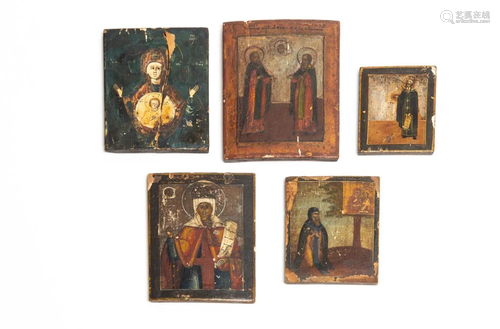 GROUP OF FIVE RUSSIAN ICONS ON WOOD PLAQUES