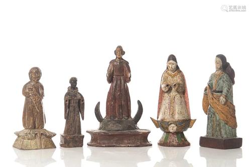 FIVE CARVED WOOD POLYCHROME SANTOS FIGURES