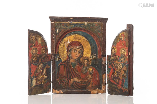 DECORATIVE RUSSIAN ICON WOOD PAINTED TRIPTYCH