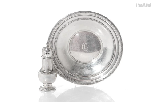 BIRKS SUGAR CASTER & ENGLISH SILVER DISH, 325g