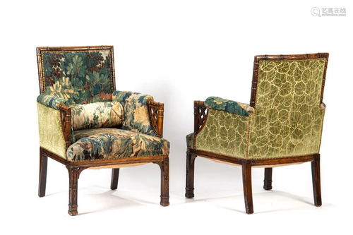 PAIR OF FRENCH FAUX BAMBOO BERGERE CHAIRS