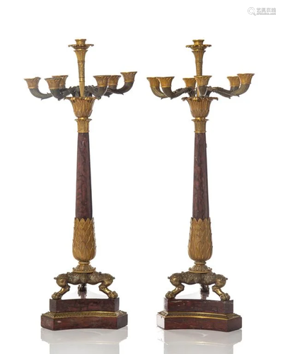 PAIR OF FRENCH MARBLE AND BRONZE CANDELABRAS