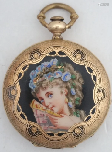 14k Gold Enamel Lady Portrait Swiss Pocket Watch