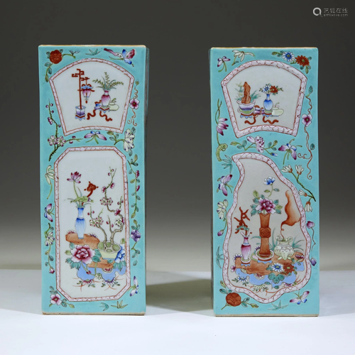 A pair of Chinese turquoise-ground square vase…