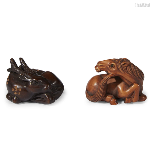 Two Japanese carved wood netsuke,