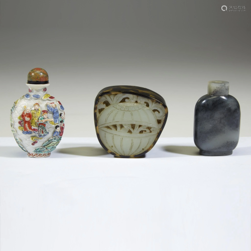 Two Chinese snuff bottles and a tortoiseshell and jade