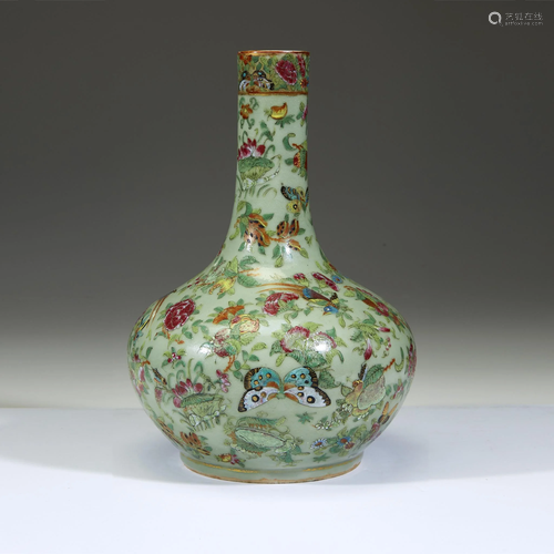 A Chinese export famille rose-decorated celadon-ground