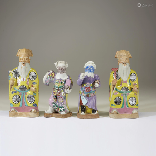 Two pairs of Chinese enameled porcelain figures, late