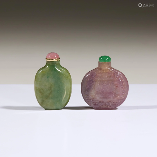 Two Chinese carved jadeite snuff bottles,