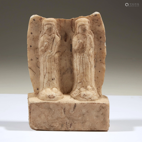 A Chinese carved white marble stele depicting two