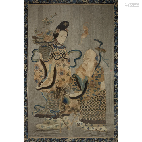 A large Chinese embroidered silk panel depicti…