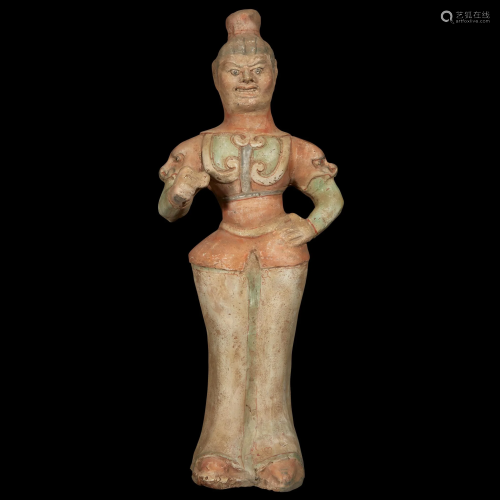 A Chinese painted pottery figure of a guardian,…