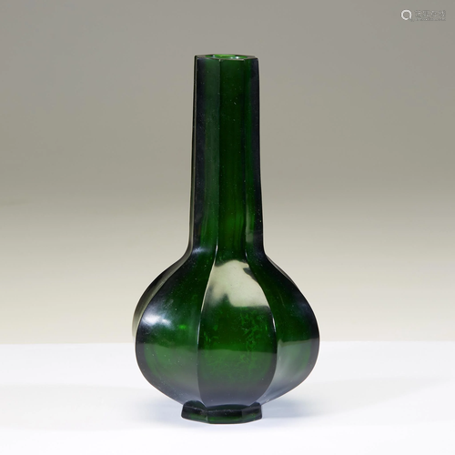 A Chinese octagonal emerald green glass vase,