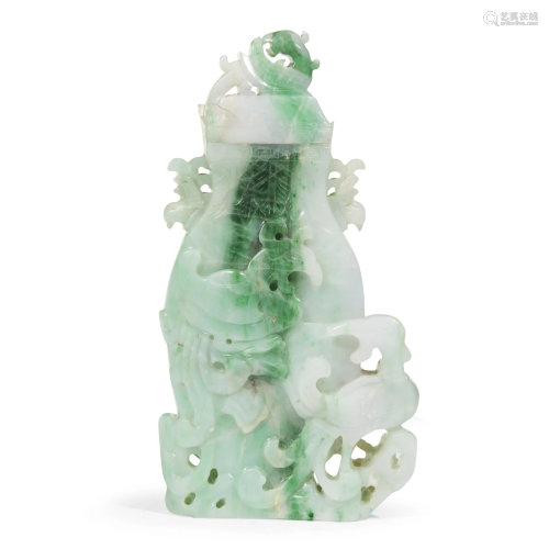 A Chinese mottled green jadeite vase and cover, 20th