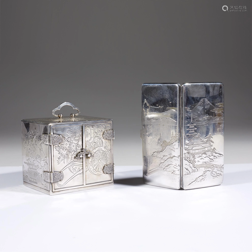 A Japanese small sterling silver cabinet and a …